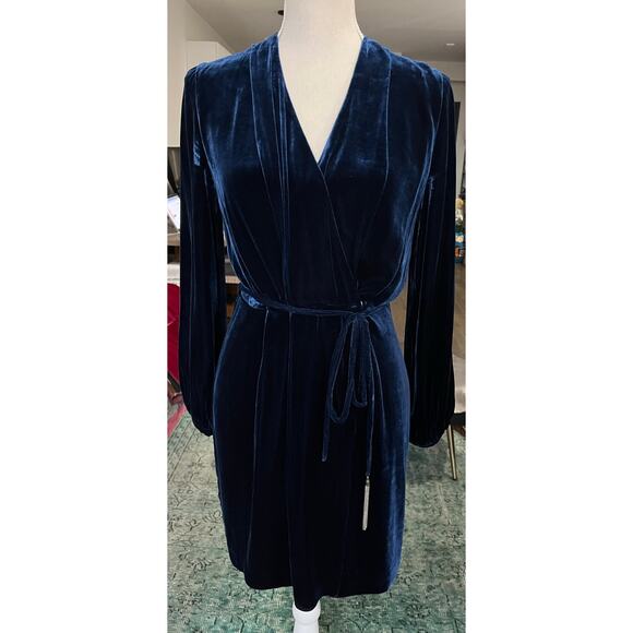 Whistles Lavone Silk Mix Velvet Wrap Mini Dress Dark Blue with tassels Sz 4 $379 - Picture 1 of 16